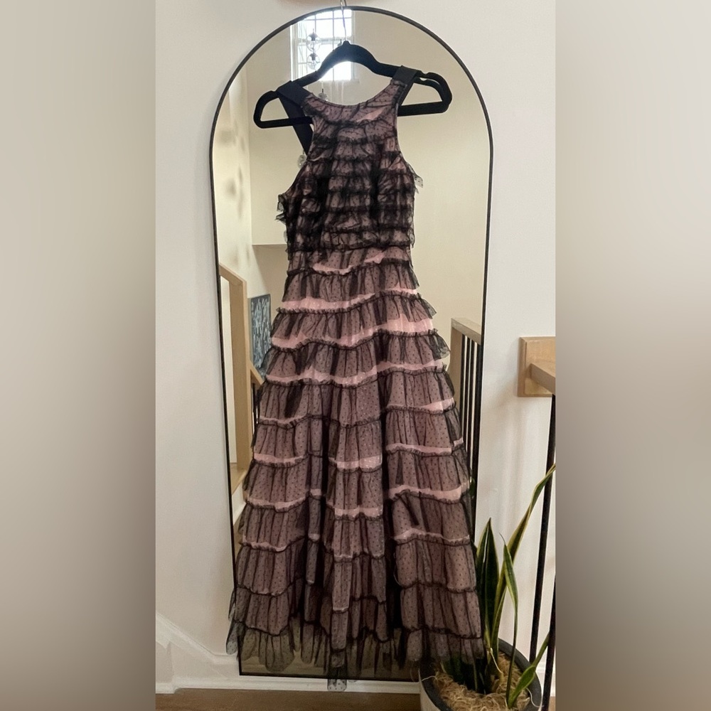 Anthropology Size XXS Pink Black Polka Dot Tulle Tiered Ruffle Dress